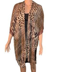 Jessica McClintock Mixed Animal Print Kimono Duster Shawl Fringe One‎ Size
